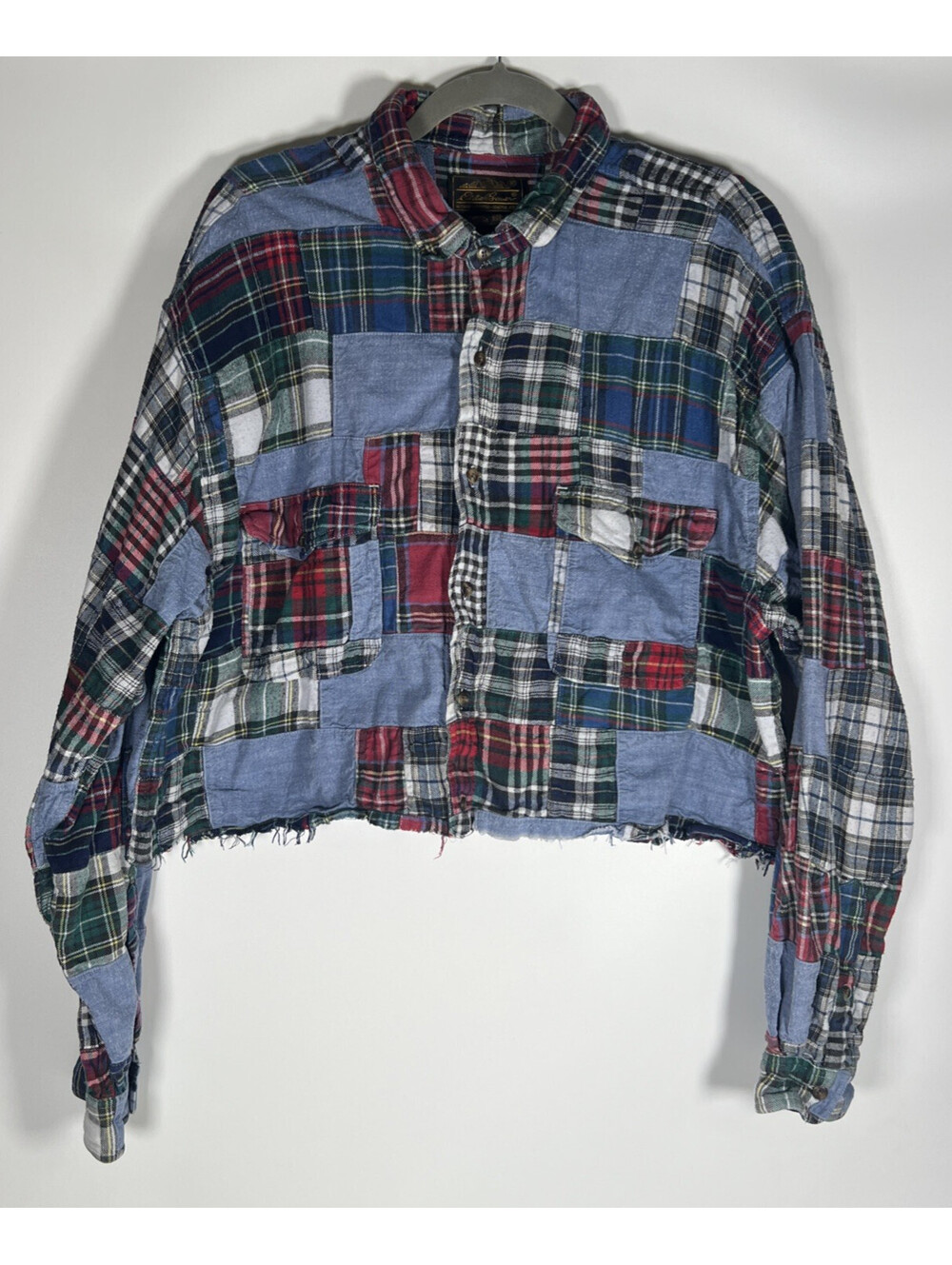 Vintage 90s Eddie Bauer Patchwork  Cropped Flannel Collared Shirt-Men's XXL